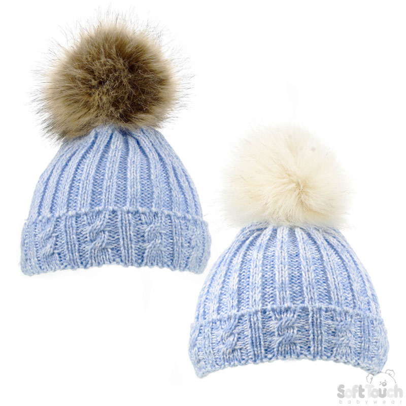 Fluffy Pompom Blue Cable Knit Hat H486-B-SM
