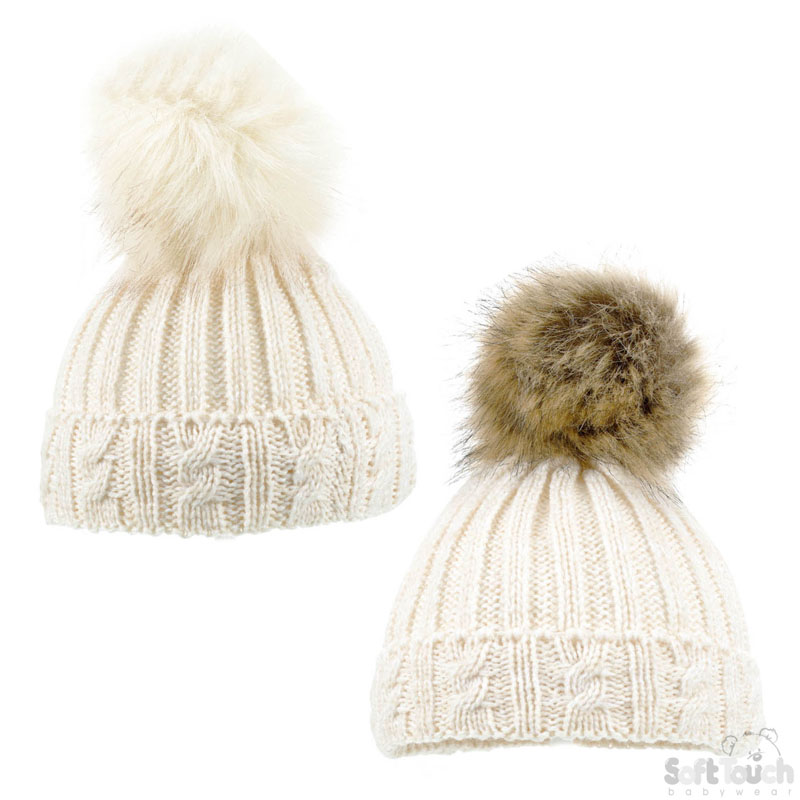 Fluffy Pompom Beige Cable Knit Hat H486-BE-SM