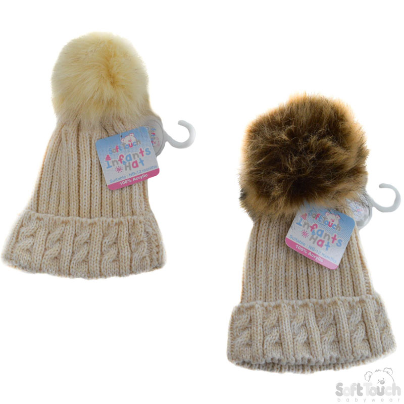 Fluffy Pompom Beige Cable Knit Hat H486-BE-SM