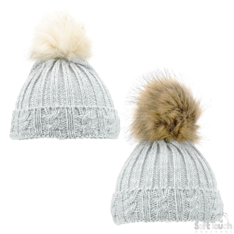 Fluffy Pompom Grey Cable Knit Hat H486-G-SM