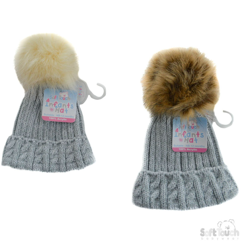 Fluffy Pompom Grey Cable Knit Hat H486-G-SM