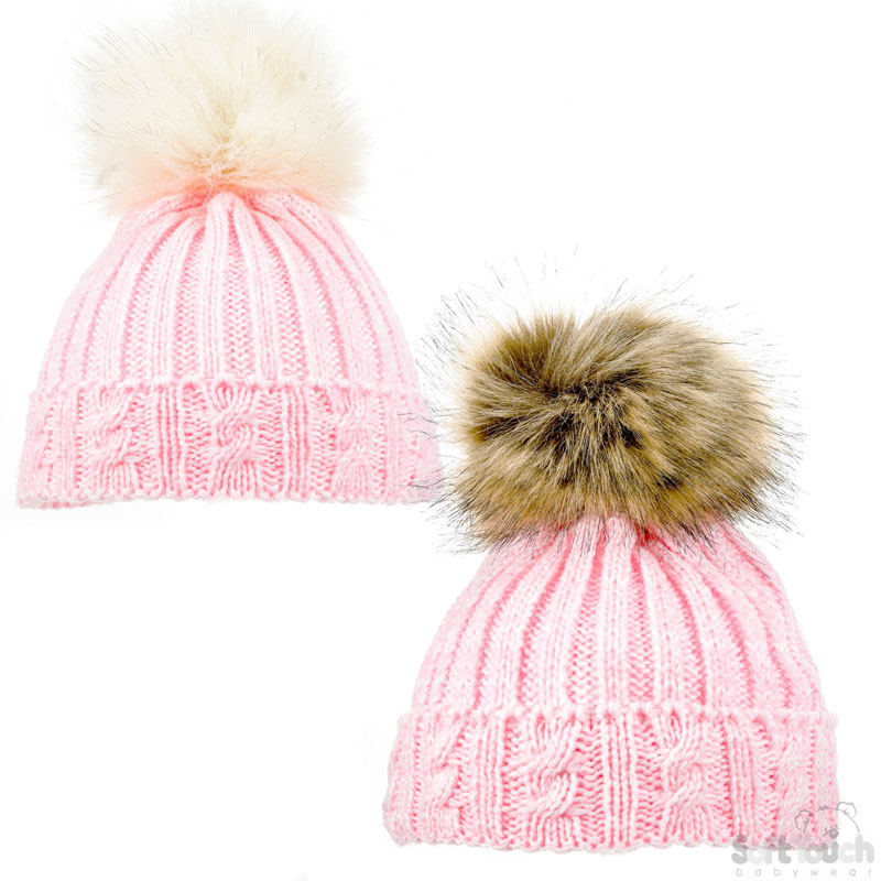 Fluffy Pompom Pink Cable Knit Hat H486-P-SM