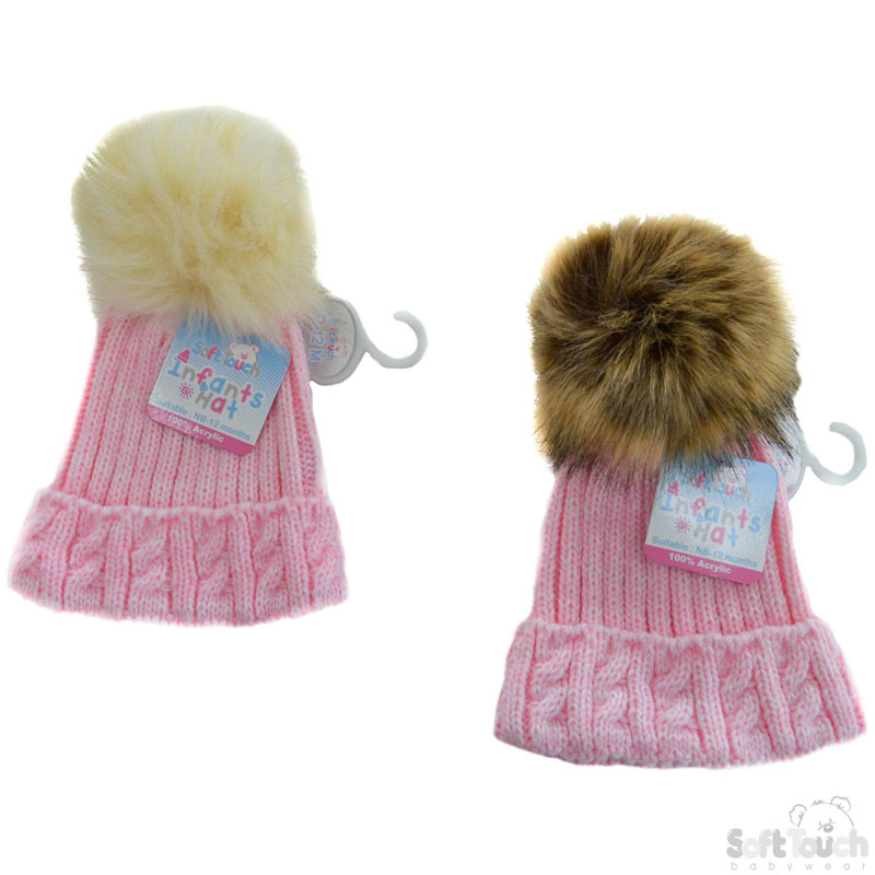 Fluffy Pompom Pink Cable Knit Hat H486-P-SM