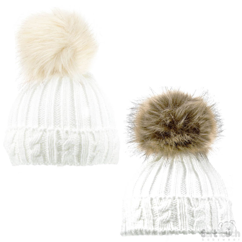 Fluffy Pompom White Cable Knit Hat H486-W-SM