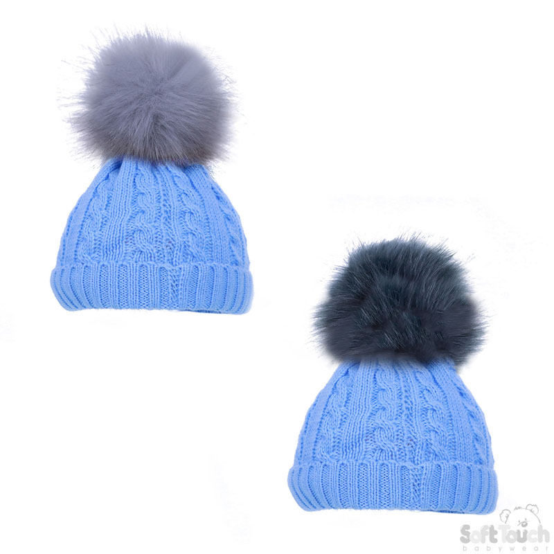 Blue Cable Knit Hat W/Grey Pom Pom No. H488-B-SM