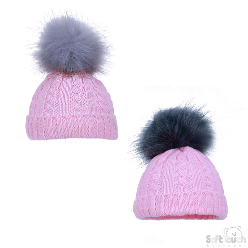 Pink Cable Knit Hat W/Grey Pom Pom No. H488-P-SM