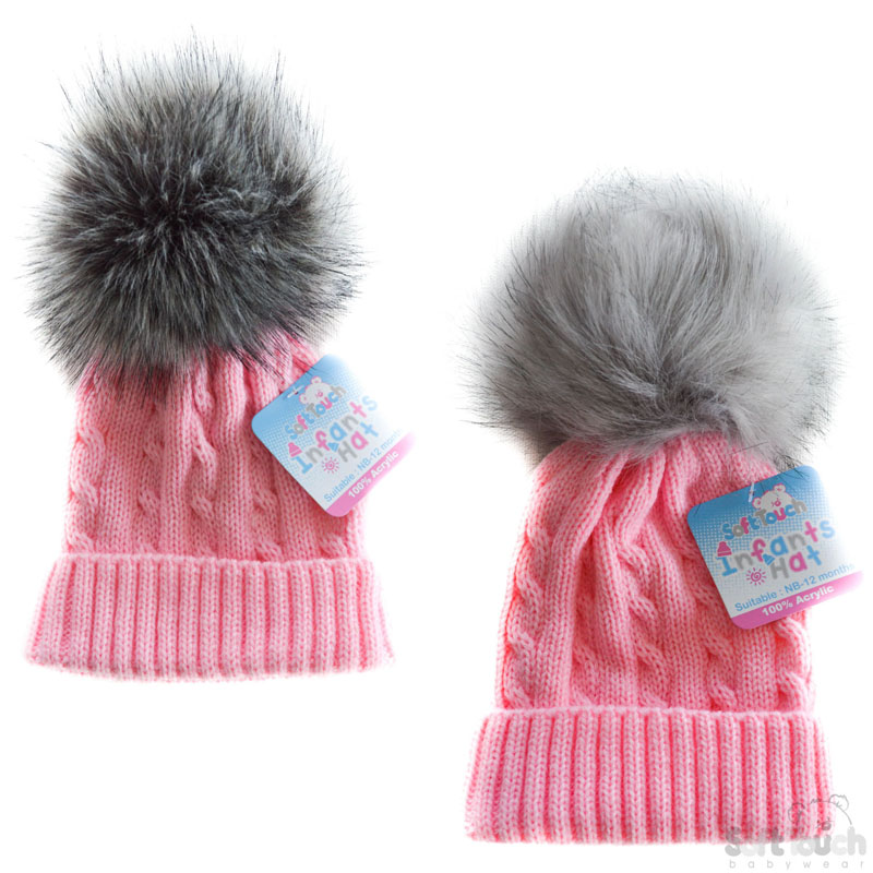 Pink Cable Knit Hat W/Grey Pom Pom No. H488-P-SM