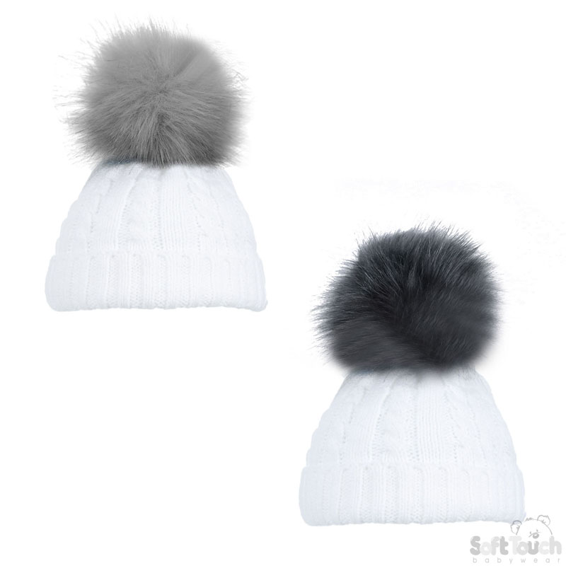 White Cable Knit Hat W/Grey Pom Pom No.H488-W-SM