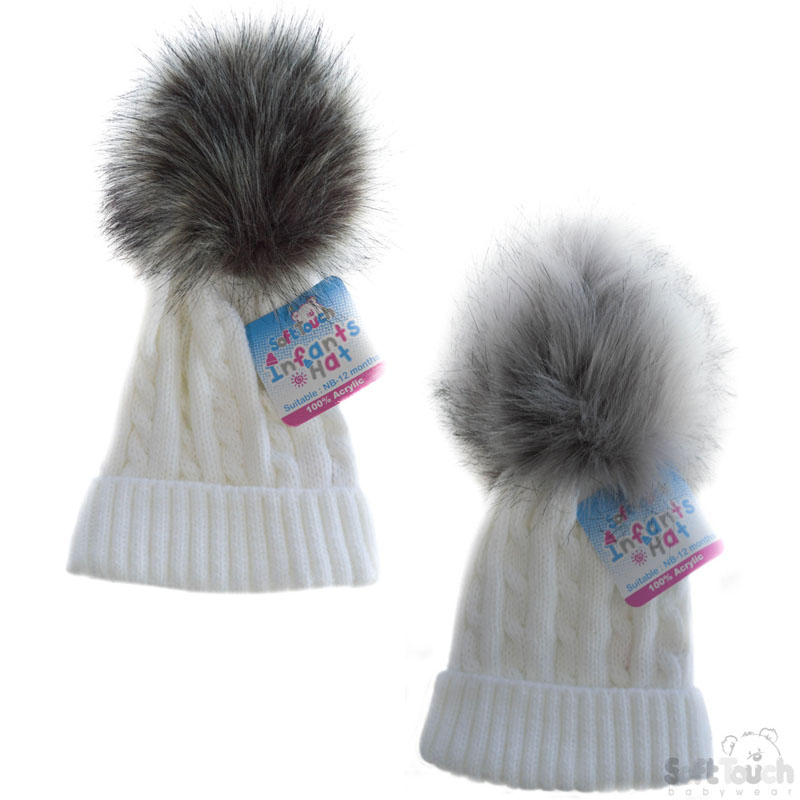 White Cable Knit Hat W/Grey Pom Pom No.H488-W-SM