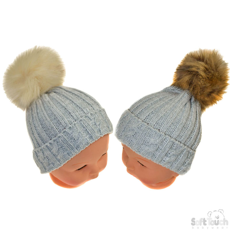 Medium Grey Cable Knit Hat w/Fluffy Pom-Pom: H490-G-M