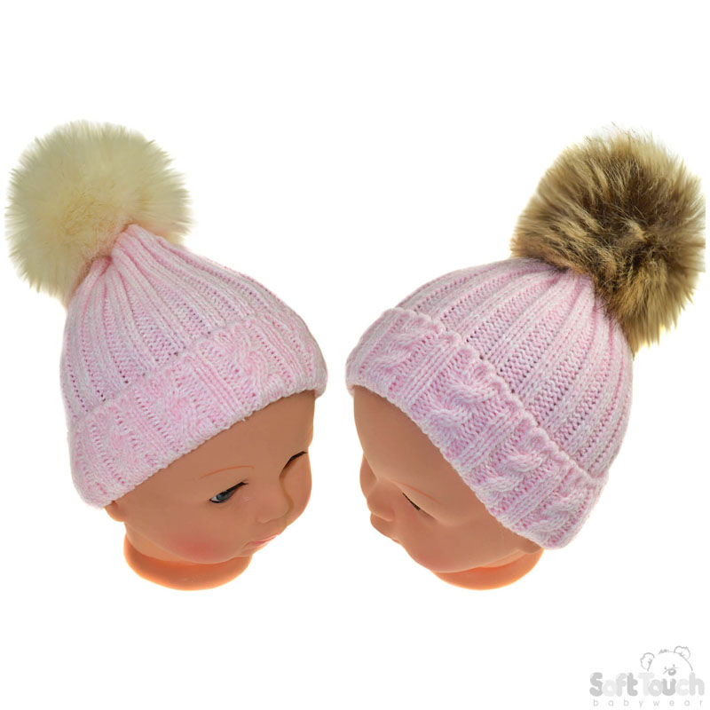 Medium Pink Cable Hat W/Pom Pom No. H490-P-M