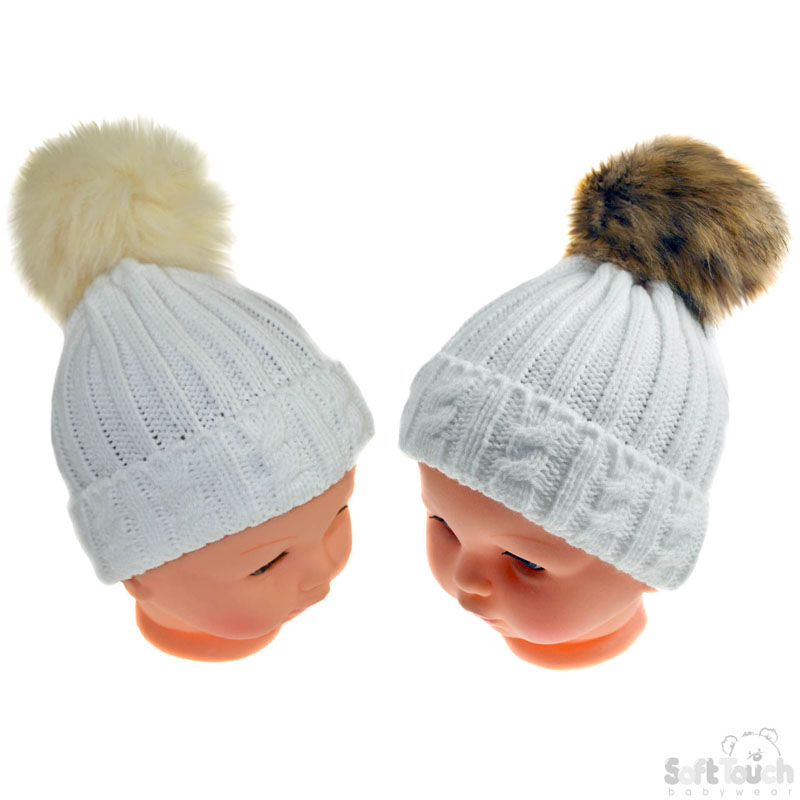Medium White Cable Hat W/Pom Pom No. H490-W-M