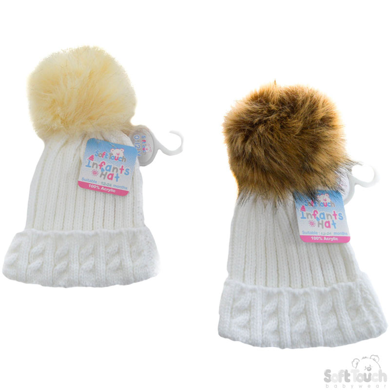 Medium White Cable Hat W/Pom Pom No. H490-W-M