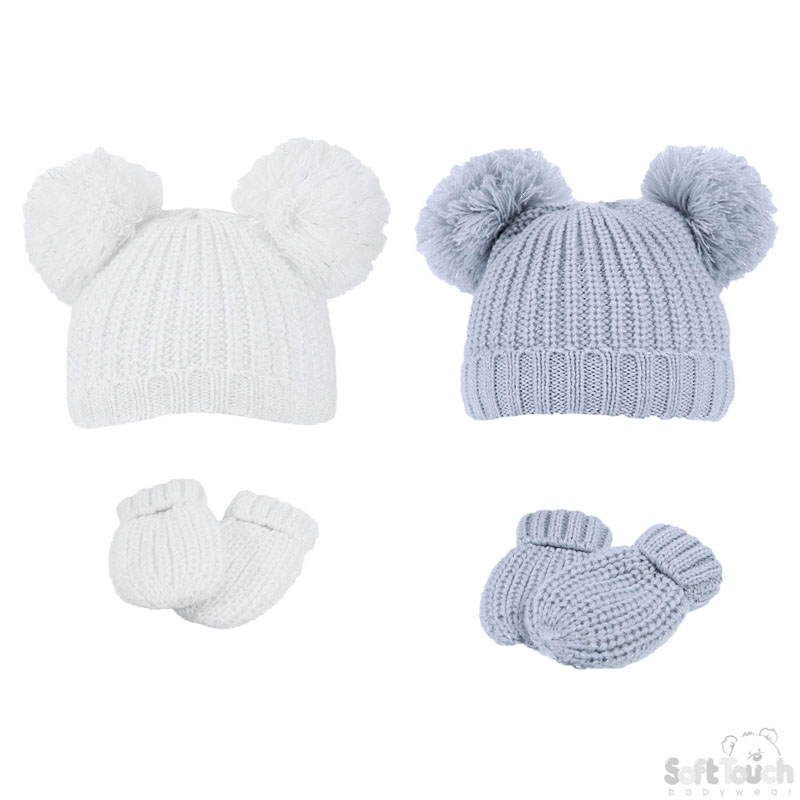 Grey/White 2 Pom Pom Hat & Mitten Set H492-GW-SM
