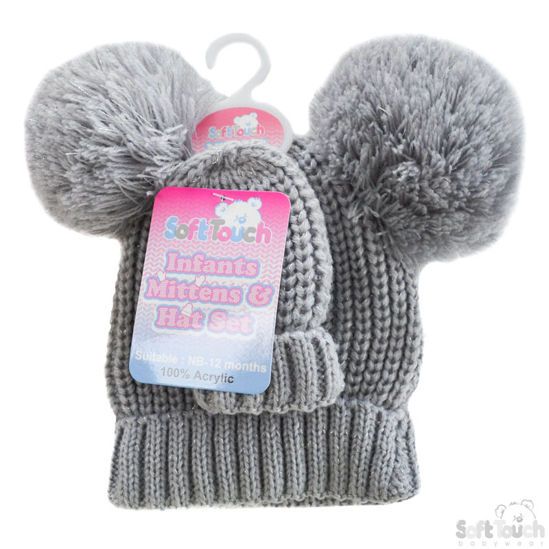 Grey/White 2 Pom Pom Hat & Mitten Set H492-GW-SM