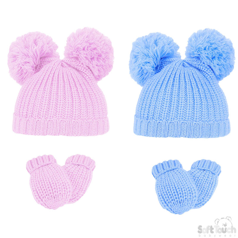 Pink/Blue 2 Pom Pom Hat & Mitten Set No. H492-PB-SM