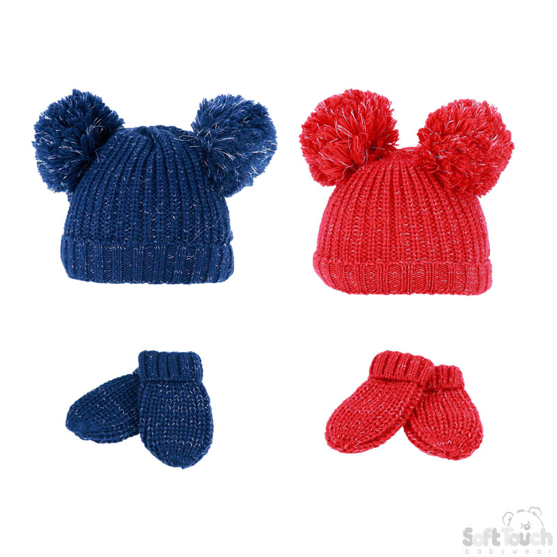Red/Navy 2 Pom Pom Hat & Mitten Set H492-RN-SM