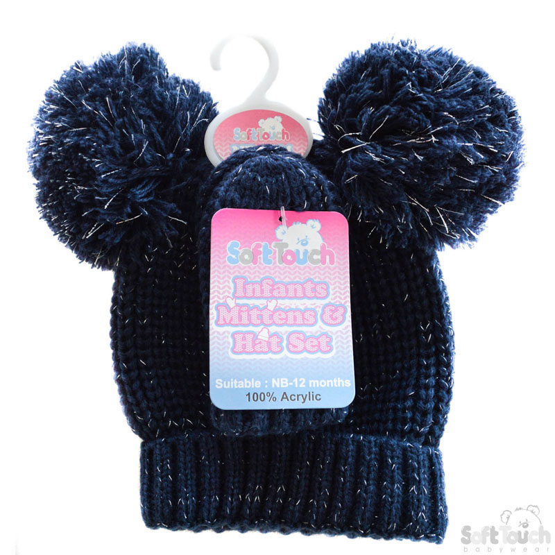 Red/Navy 2 Pom Pom Hat & Mitten Set H492-RN-SM