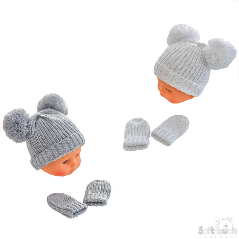 Knitted Pom-Pom Hat & Mitten Set: H494-GW-M