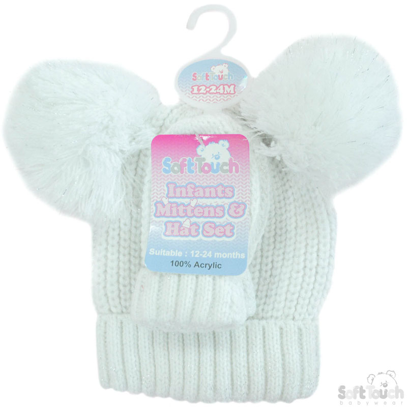 Knitted Pom-Pom Hat & Mitten Set: H494-GW-M