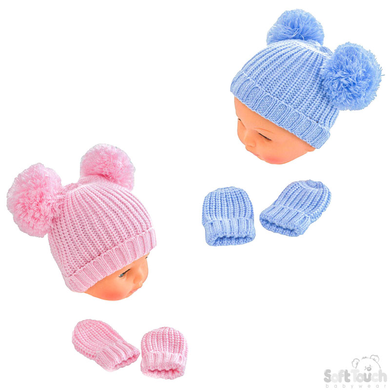 Knitted Pom-Pom Hat & Mitten Set: H494-PB-M