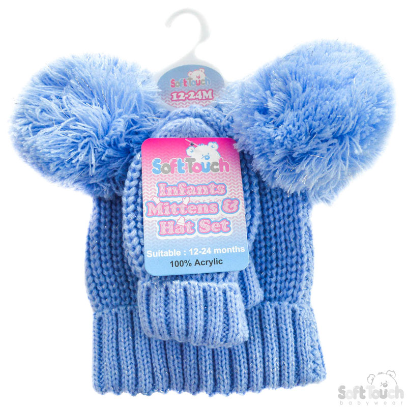 Knitted Pom-Pom Hat & Mitten Set: H494-PB-M
