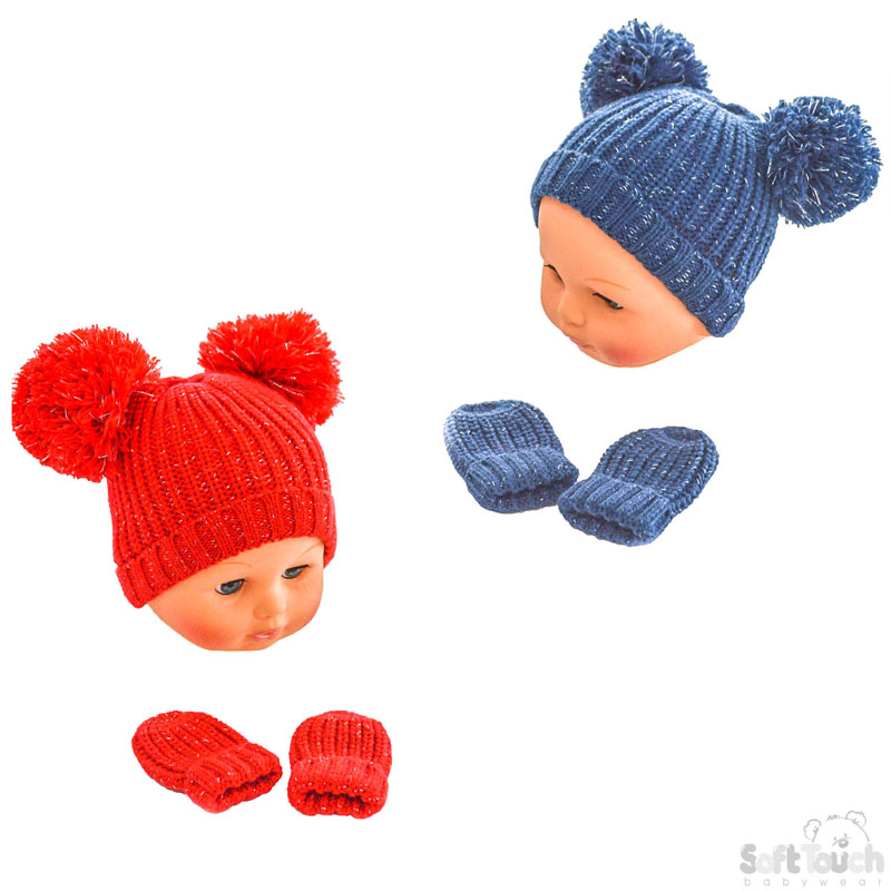 Red/Navy 2 Pom Pom Hat & Mitten Set H494-RN-M