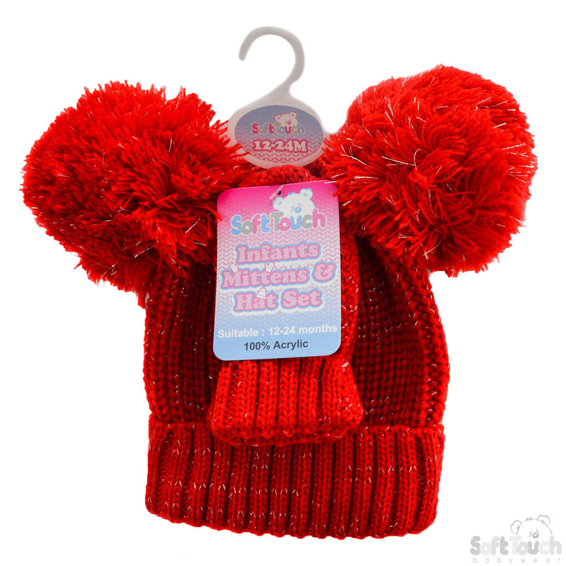 Red/Navy 2 Pom Pom Hat & Mitten Set H494-RN-M