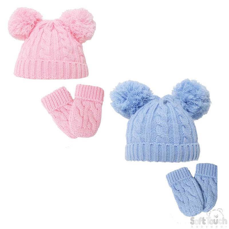 P/B Cable Knit Hat & Mittens Set  No. H495-PB-SM