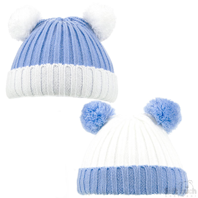 Blue & White Double Colour 2 Pom Pom Hat  H496-B-SM