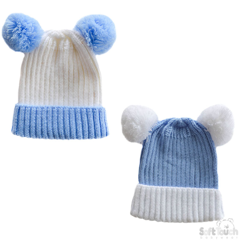 Blue & White Double Colour 2 Pom Pom Hat  H496-B-SM