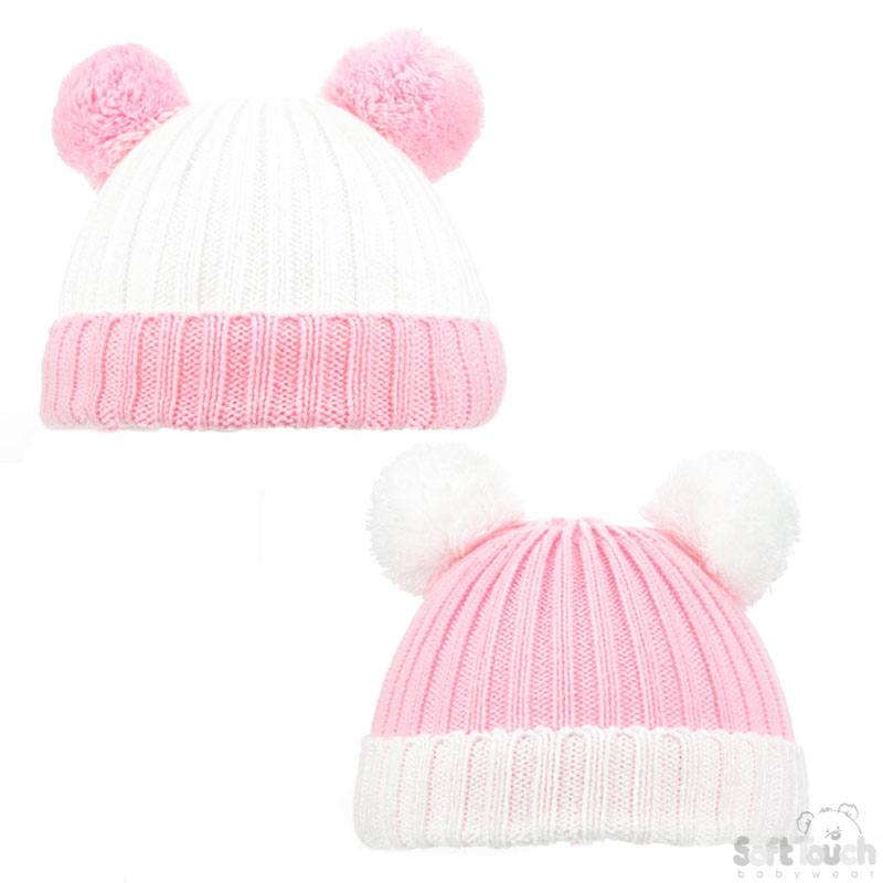 Pink & White Double Colour 2 Pom Pom Hat H496-P-SM