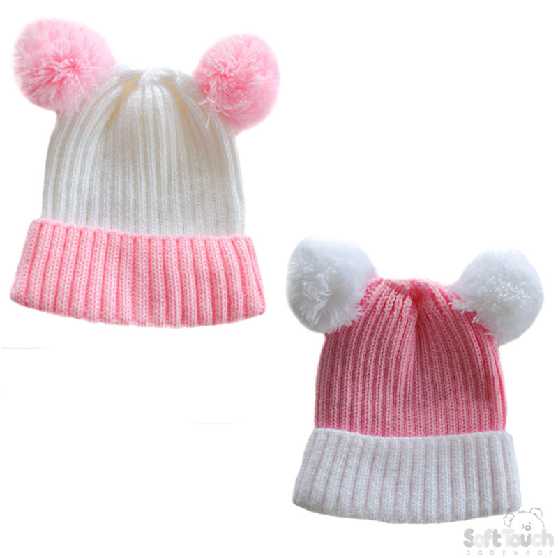 Pink & White Double Colour 2 Pom Pom Hat H496-P-SM