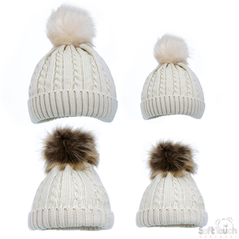 Beige Mum & Baby Hat Set W/Pom Pom No. H502-BE