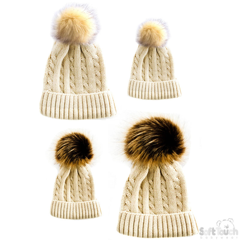 Beige Mum & Baby Hat Set W/Pom Pom No. H502-BE