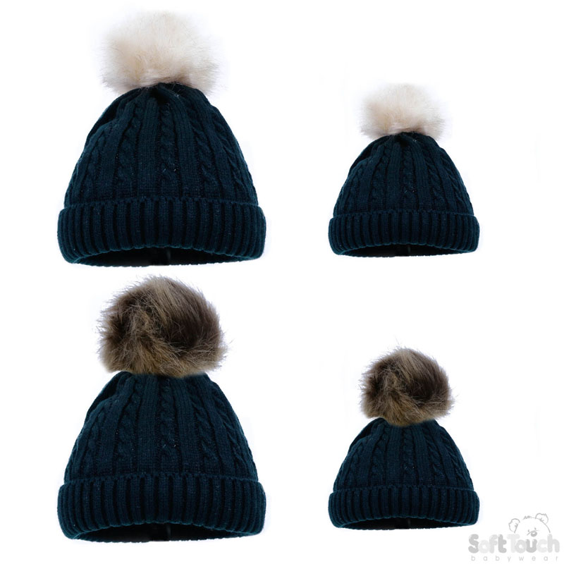 Black Mum & Baby Hat Set W/Pom Pom No. H502-BLK