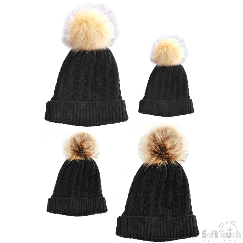 Black Mum & Baby Hat Set W/Pom Pom No. H502-BLK