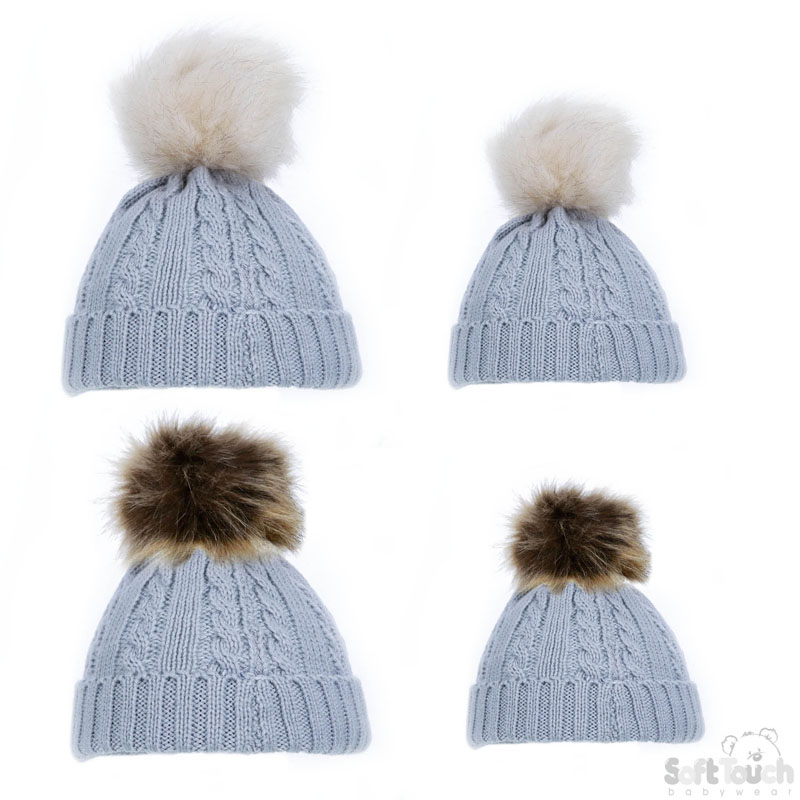 Grey Mum & Baby Hat Set W/Pom Pom No. H502-G