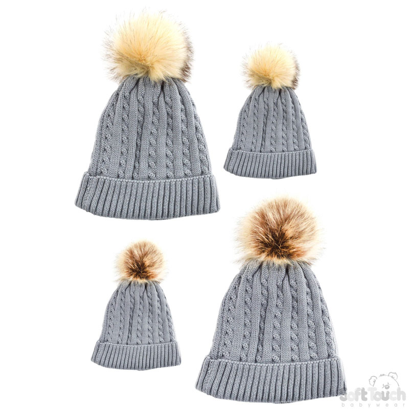 Grey Mum & Baby Hat Set W/Pom Pom No. H502-G
