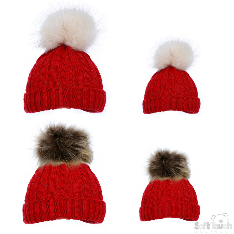 Red Mum & Baby Hat Set W/Pom Pom No. H502-R