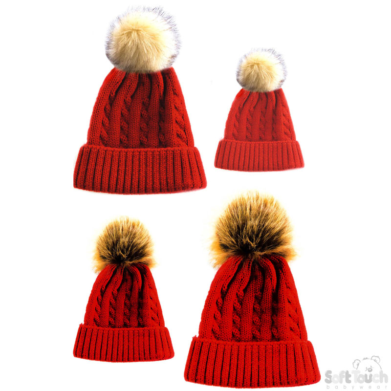 Red Mum & Baby Hat Set W/Pom Pom No. H502-R