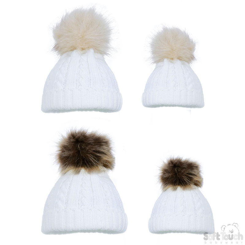White Mum & Baby Hat Set W/Pom Pom No. H502-W