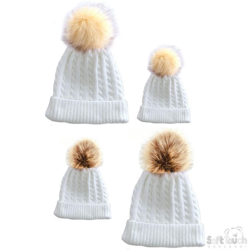 White Mum & Baby Hat Set W/Pom Pom No. H502-W
