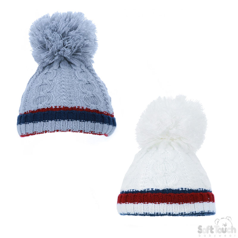 Boys Cable Hat W/Striped T/O & Pom Pom No. H504-SM