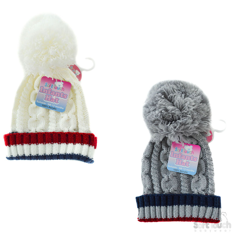 Boys Cable Hat W/Striped T/O & Pom Pom No. H504-SM