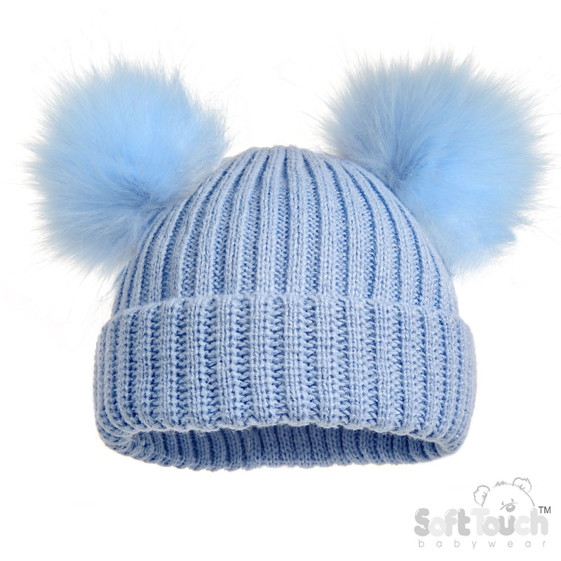 Small Blue Ribbed Hat W/2 Fur Pom Poms No. H506-B
