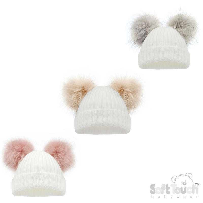 White Ribbed Hat w/2 Faux Fur Pom Poms : No. H506-COL-SM