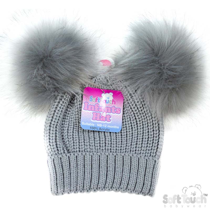 Small Grey Ribbed Hat W/2 Fur Pom Poms No. H506-G