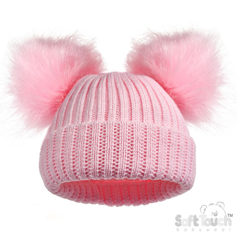Small Pink Ribbed Hat W/2 Fur Pom Poms No. H506-P