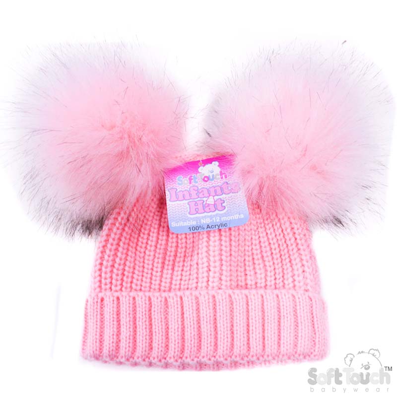 Small Pink Ribbed Hat W/2 Fur Pom Poms No. H506-P